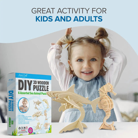 Great Activity for Kids and Adults, Six Piece DIY 3D Wooden Sea Animal Puzzle Bundle, shark and seahorse shown