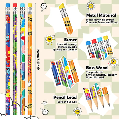144 Count Attendance Pencils With Erasers For Back To School Kids Assorted Wooden Pencils 19 Cm Long With 4 Patterns on Display