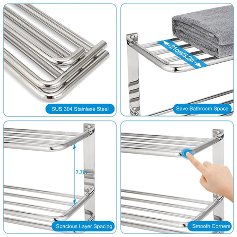 Close-up of 3 Tier Bathroom Towel Rack Wall Mount In Brushed Nickel SUS 304 Stainless Steel, showing dimensions and features