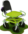 Green Swivel Garden Stool with 360 Degree Wheels and Height Adjustable Seat from 12.6 to 16.1 Inches, back tool pouch, under-seat tray.