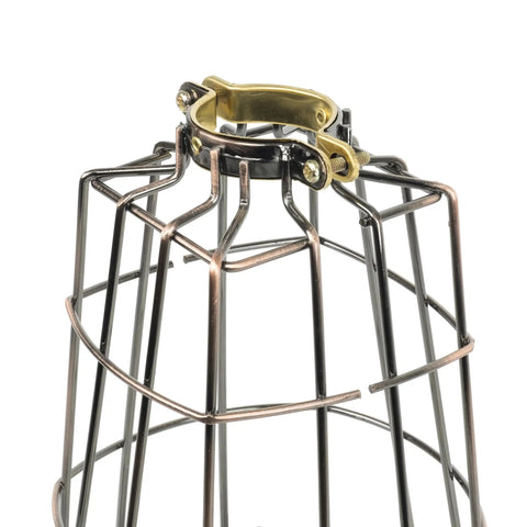 Close-up of Sharp Bronze Metal Wire Cage Guard For Pendant Lamps featuring a sturdy clamp and adjustable design.