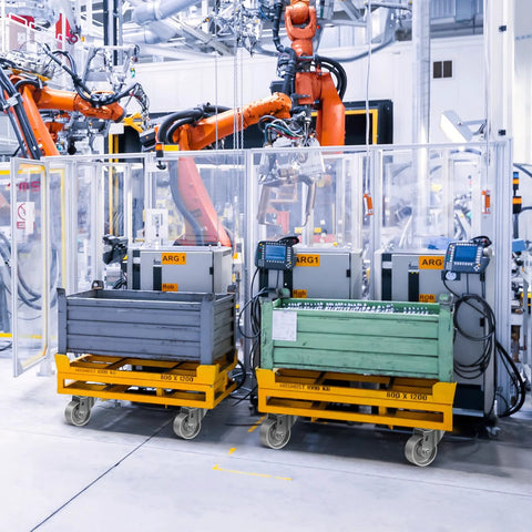 Industrial setting with robotic arms and heavy duty steel casters on carts for efficient material handling.
