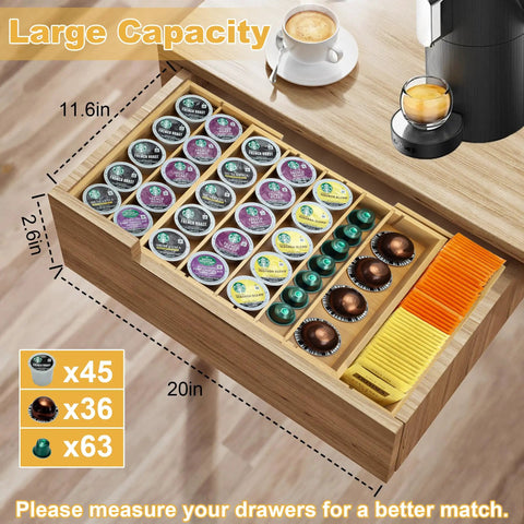Expandable Bamboo K Cup Holder For Drawer Or Countertop Coffee Pod Storage Organizer filled with coffee pods and tea bags.