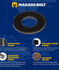 Heavy Duty One Quarter Inch 18-8 Stainless Steel Flat Washers Black Oxide Finish 100 Pack For DIY Projects And Hardware Upgrades Nine Thirty Second Inch Inner Five Eighths Inch Outer 0.050 Inch Thick USA Made with certified stainless steel and durable black oxide finish.