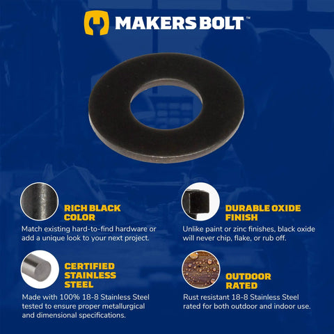 Heavy Duty One Quarter Inch 18-8 Stainless Steel Flat Washers Black Oxide Finish 100 Pack For DIY Projects And Hardware Upgrades Nine Thirty Second Inch Inner Five Eighths Inch Outer 0.050 Inch Thick USA Made with certified stainless steel and durable black oxide finish.