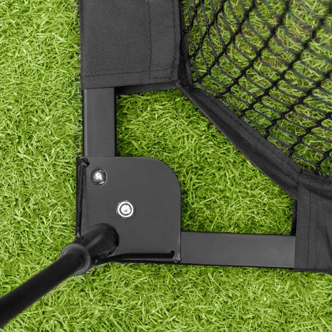 Spacious 8 Foot Pop Up Golf Cage For Home Practice corner frame detail with durable 3 ply net on green grass surface