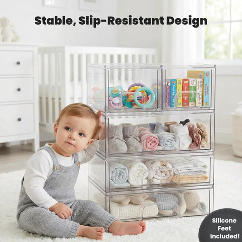 Clear Baby Bottle Organizer With Pullout Drawers 6 Pack Storage Bins With Labels Premium PET Plastic Organizer in a nursery