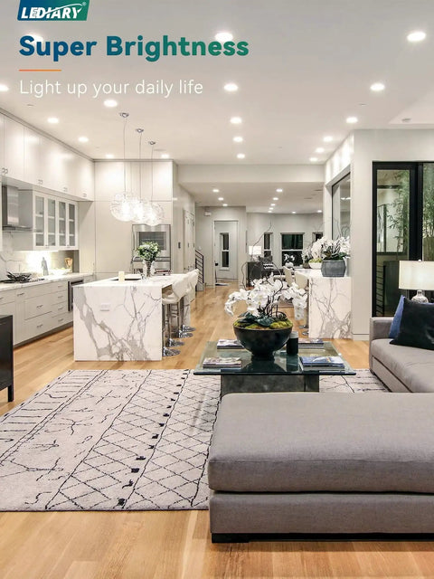 Modern kitchen and living room lit by 6 Inch Recessed LED Downlight With Junction Box, 6 CCTs From 2500K To 5000K, Dimmable And ETL Certified
