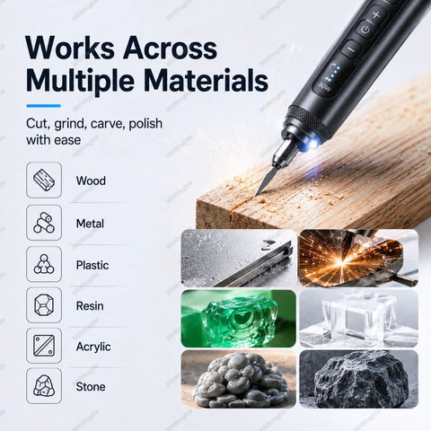 Cordless Ultrasonic Cutter Knife With LED Light cutting wood, showing versatility for multiple materials like plastic and resin.