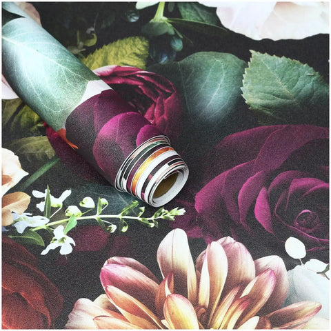 Roll of Peel And Stick Floral Wallpaper Rose Daisy Removable Mural for Walls in black, pink, purple wild garden pattern