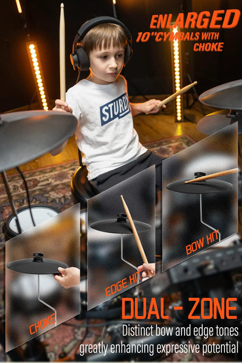 Child playing B Core 530 Electric Drum Set With Dual Zone Quiet Mesh Pads 10 Inch Cymbals, focusing on enlarged cymbals.
