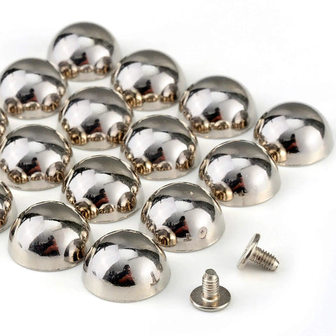 Top Shelf 20 Sets Heavy Duty Silver 15X8MM Dome Spikes And Screw Back Leather Studs With Installation Tool For Tough Diy Craft Bags Shoes And Belt Hardware. Close-up of shiny silver dome spikes and screws.