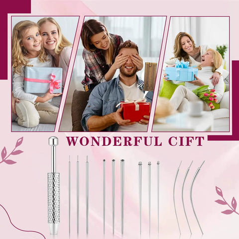 Ball Grabber Piercing Tool Kit with stainless steel needles and cones, alongside images of smiling people exchanging gifts.