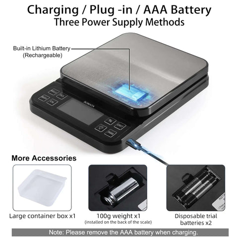 Large Kitchen Scale With 0.1g Precision And 11lb Capacity USB Rechargeable shown with charging cable and accessories