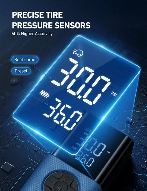 On The Go Portable Tire Inflator L7S Cordless Air Compressor With Digital Dual Value Display showing 300 and 36 PSI
