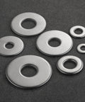 Stainless steel flat washers, 1/4 in inner diameter, 5/8 in outer diameter, 304 grade, assorted pieces