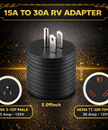 Rugged 15 To 30 Amp Rv Power Adapter Nema 5-15P To Tt-30R Plug In Converter For Home Outlet And Travel Trailer black adapter with male and female ends.
