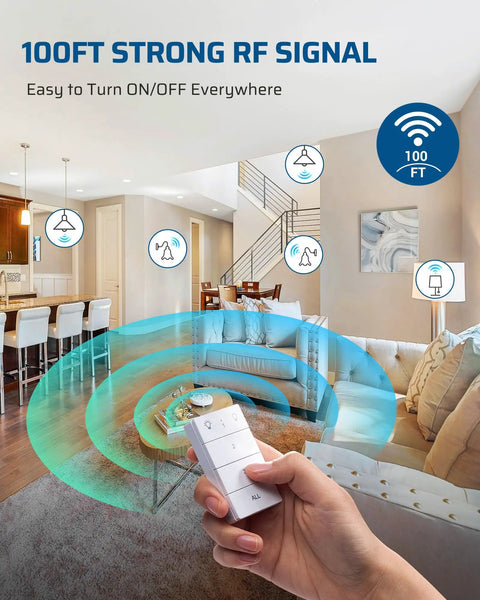 Wireless Remote Light Switch Kit For Lamps And Fixtures No Wiring Needed 100 Ft Range displayed in a living room setting