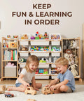 Ultimate Toy Storage Organizer With Bookshelf And 12 Removable Bins For Kid's Playroom, organized with toys and books