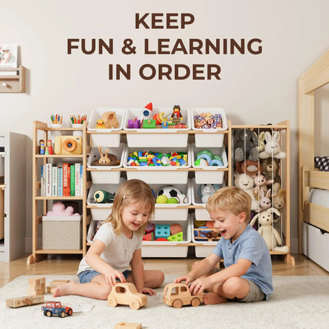 Ultimate Toy Storage Organizer With Bookshelf And 12 Removable Bins For Kid's Playroom, organized with toys and books