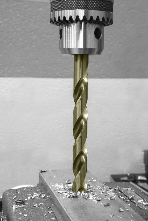 Close-up of gold oxide drill bit in use from Hardcore Cobalt Steel Jobber Length Drill Bit Set With Metal Case Gold Oxide Finish