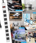 Heavy Duty Metal 8 Outlet Power Strip With 1200J Surge Protector, various use scenes including kitchen, office, and school.