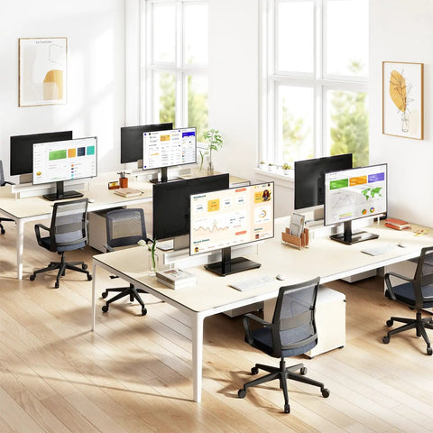 Office setup with multiple Free Standing Monitor Stand With VESA Mount For 13 To 32 Inch Screens, height adjustable desk risers.