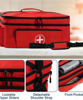 Red Medicine Organizer Bag With Double Layer Design For Home And Travel, featuring zippered compartments and detachable strap.