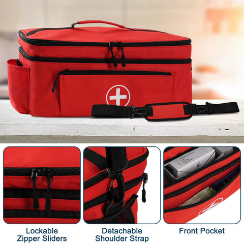 Red Medicine Organizer Bag With Double Layer Design For Home And Travel, featuring zippered compartments and detachable strap.