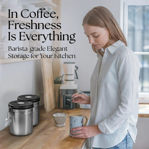 16 Ounce Stainless Steel Coffee Canister With Scoop For Fresh Beans, Airtight Storage With One Way CO2 Valve And Date Tracker Lid