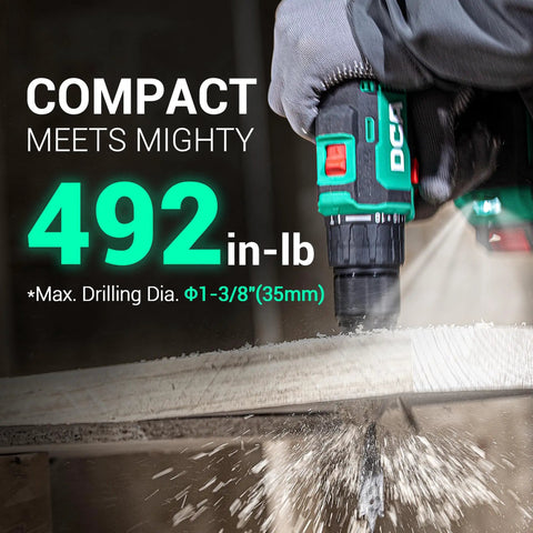 Close-up of 20V Brushless Cordless Hammer Drill With Impact Delivers 492 Inch Pounds Of Torque drilling into wood