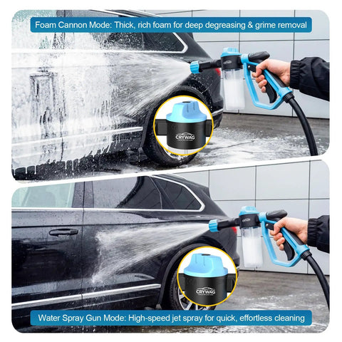 All In One Foam Cannon Car Wash Kit With Garden Hose Gun in use, showing thick foam application and jet spray mode on vehicle