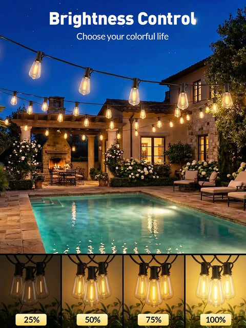 Brightness control for 65 Foot Solar String Lights Outdoor Waterproof LED Edison Bulb With Remote For Patio Backyard Garden Gazebo