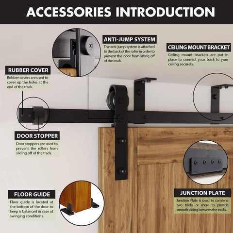 Accessories of Black Rustic Ceiling Mount Sliding Barn Door Hardware Kit For Double Doors, 18ft Flat Track, Interior Use Only