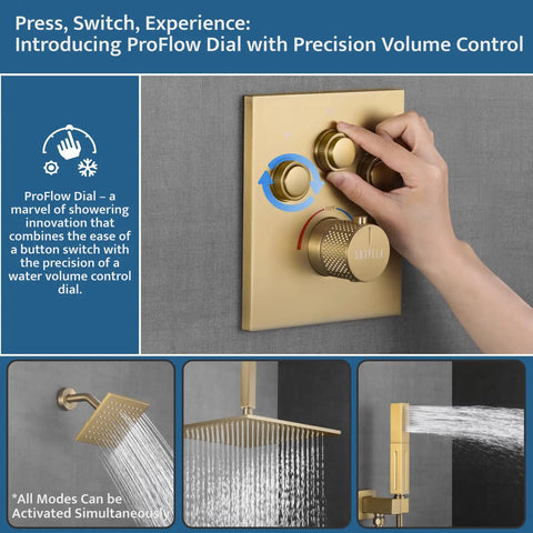 Total Game Changer Thermostatic Shower System With Brushed Gold Finish And Smooth Push Button Diverter Featuring A Versatile 2 In 1 Handheld And 12 Inch Ceiling Rain Head Plus 6 Inch Wall Mount That Just Hits Different