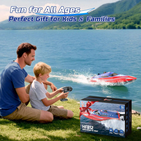 Father and son playing with Full Proportional Remote Control Boat for Kids and Adults, 20MPH Plus High Speed Waterproof RC Boat