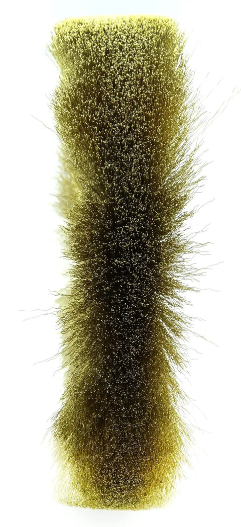 Vertical view of 6 Inch Narrow Face Crimped Wire Wheel With Brass Fill For Light To Medium Cleaning And Deburring Of Soft Nonferrous Parts, 5/8 To 1/2 Inch Arbor, Pack Of 2, Made In USA
