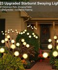 Upgraded Solar Firefly Lights 4 Pack Outdoor Waterproof 8 LED Starburst Swaying Lights decorating house pathway at dusk