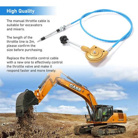 2m Heavy Duty Throttle Cable for Mini Excavator Replacement, showing blue sheath and stainless steel core in use with excavator.