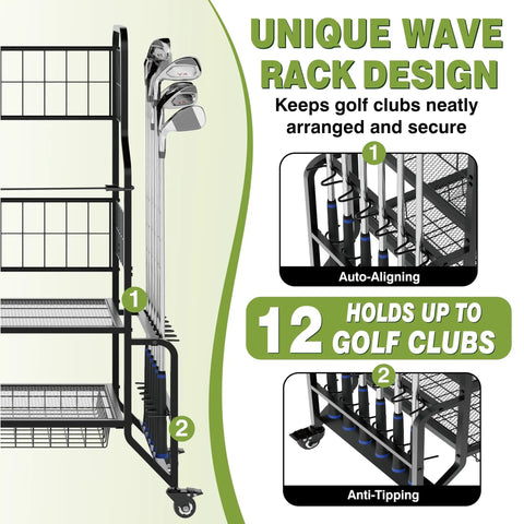 All In One Golf Bag Storage Organizer For Garage Or Shed Double Bag Stand With Extra Wide Shelves Fits Two Full Size Bags Plus Shoes Balls Clubs And Accessories Heavy Duty Golf Gear Rack with unique wave rack design and holds up to 12 golf clubs securely.