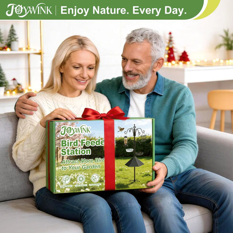Couple holding a gift box of 94 Inch Garden Bird Feeding Station Kit With Heavy Duty Metal Squirrel Baffle Seed Tray And Mesh Basket