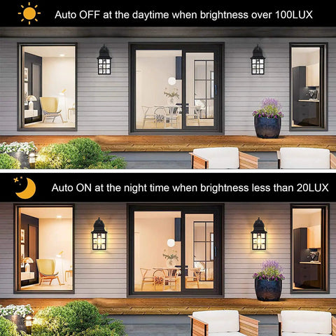 Comparison of Dusk To Dawn Outdoor Wall Lights 2-Pack With Sensor Exterior Fixtures Black Waterproof Sconces operation day and night.
