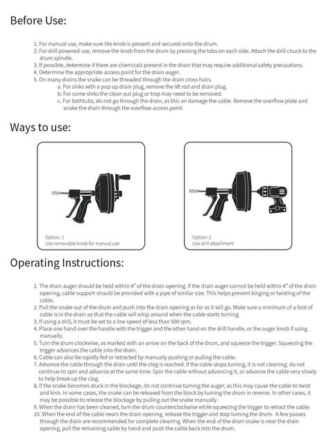 Instruction manual page for 25 Foot Drum Auger Drain Snake You Can Use Manually Or Power It With A Drill Auto Extend And Retract.