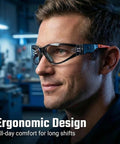 Close-up of a man wearing Kickass Rechargeable Led Safety Glasses With Built In Work Lights For Mechanics Auto Repair And Tight Garage Jobs Featuring Hella Bright Fog Free Lenses And Scratch Resistant Shielding, showcasing ergonomic design.
