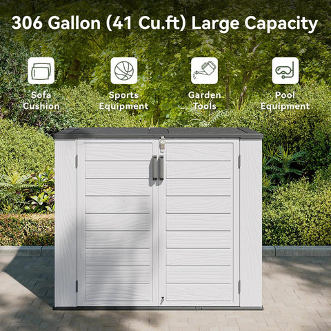 Heavy Duty HDPE Outdoor Storage Box 41 Cu Ft 160 Gallon Waterproof Lockable Deck Box shown closed in a garden setting
