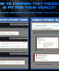 Product fitment guide for vehicle confirmation on desktop and mobile, instructing users to enter year, make, and model.