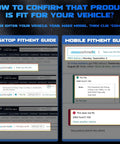How to confirm product fit for vehicle; desktop and mobile fitment guides for vehicle specifics.