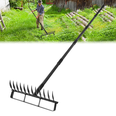 2-In-1 Garden Hoe With 12 Tines And 76.8 Inch Adjustable Handle, tool in use for weeding in a garden plot
