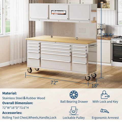 Seventy Two Inch Rolling Tool Chest With Fifteen Drawers And Locking Wheels, Mobile Workshop Cabinet With Solid Rubber Wood Top For Garage Storage