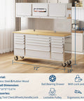 72-Inch Rolling Tool Chest With 15 Drawers, Solid Rubber Wood Workbench Top, Locking Wheels And Key Lock in a workshop setting
